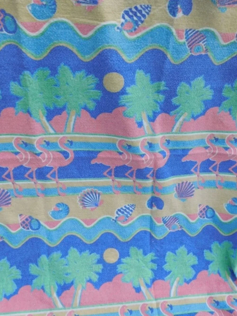 Vintage Flannel Twin Throw Blanket 88 x 60 Blue Pink Flamingos Beach Raw Hem